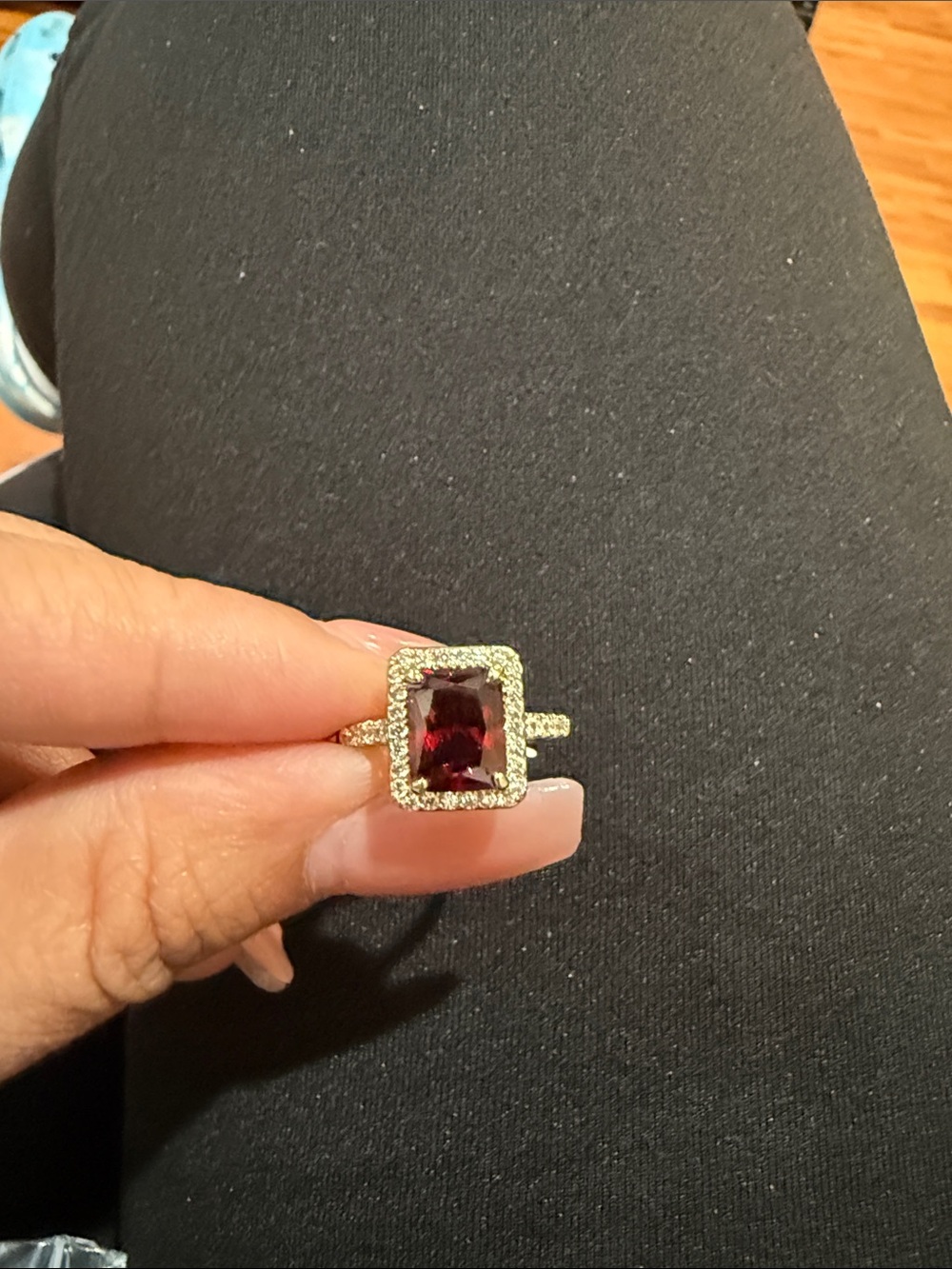 Ping Gold Ring with Deep Red Emerald-Cut Center and Pave Halo